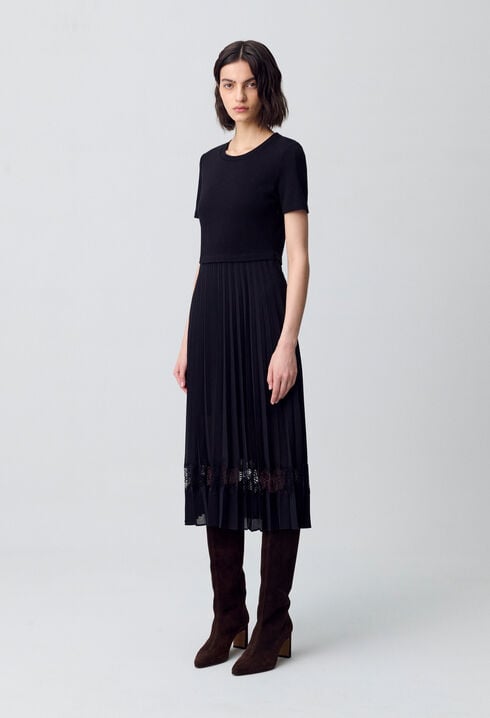 Robe midi Twist bi-matière noire