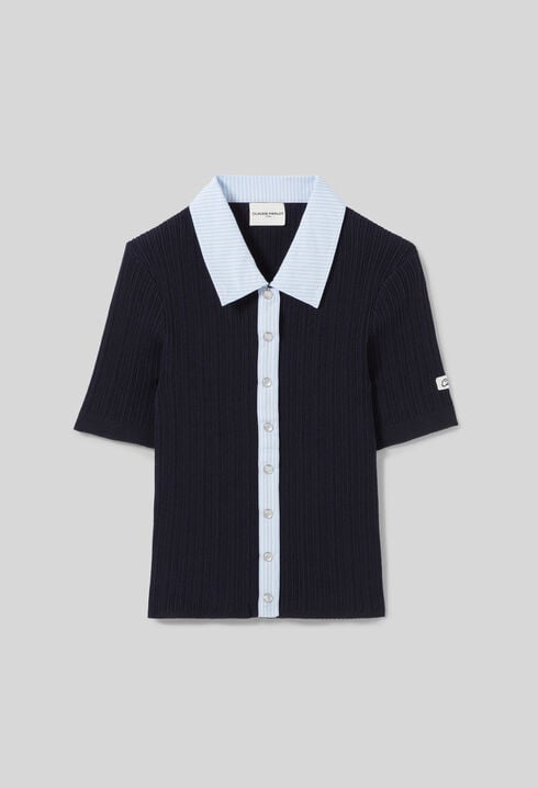 Striped bi-material cardigan