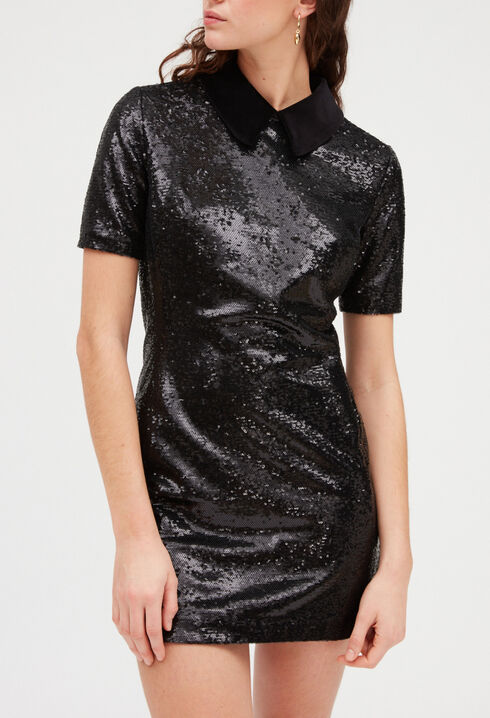 Sequin short dress black velvet collar