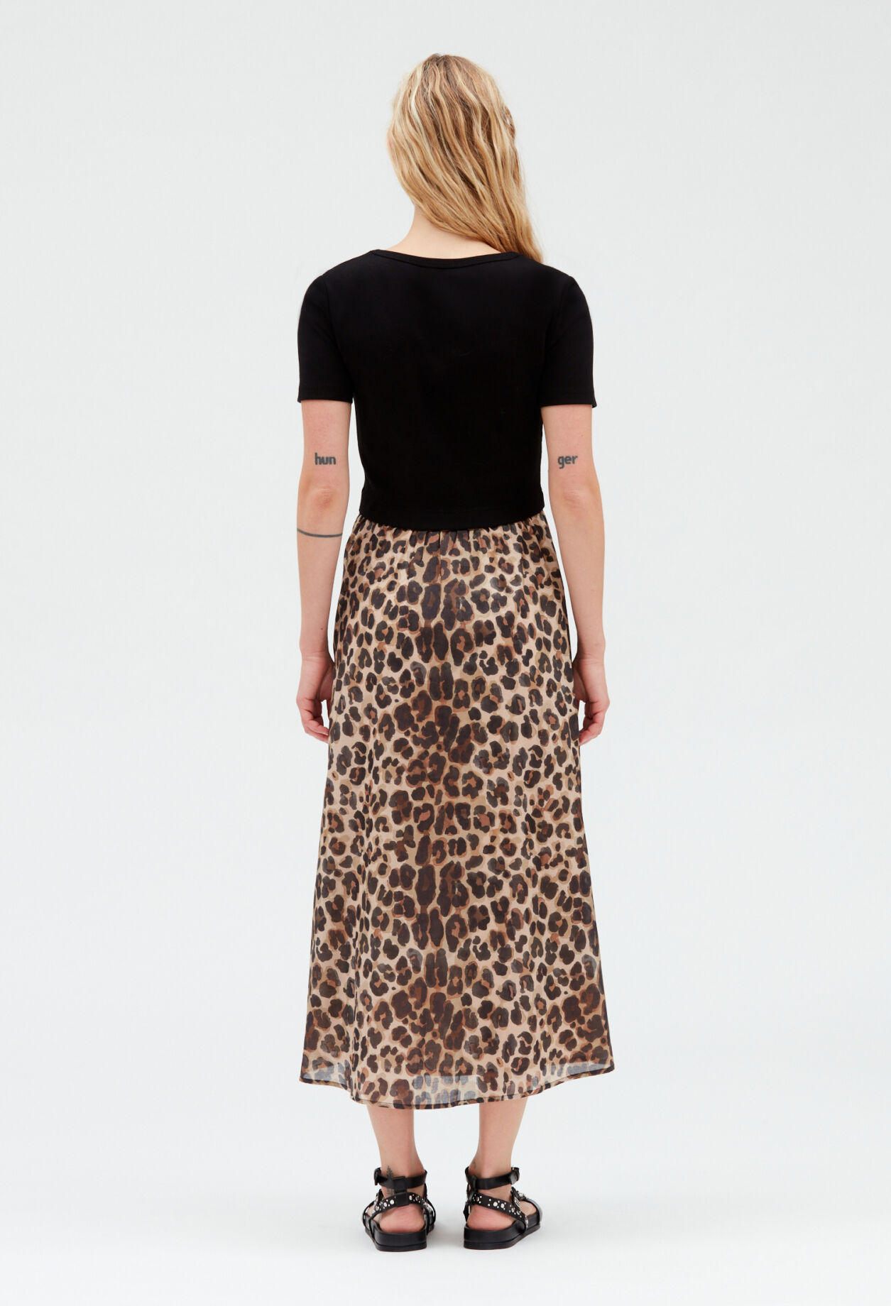 Bi-material leopard midi-dress