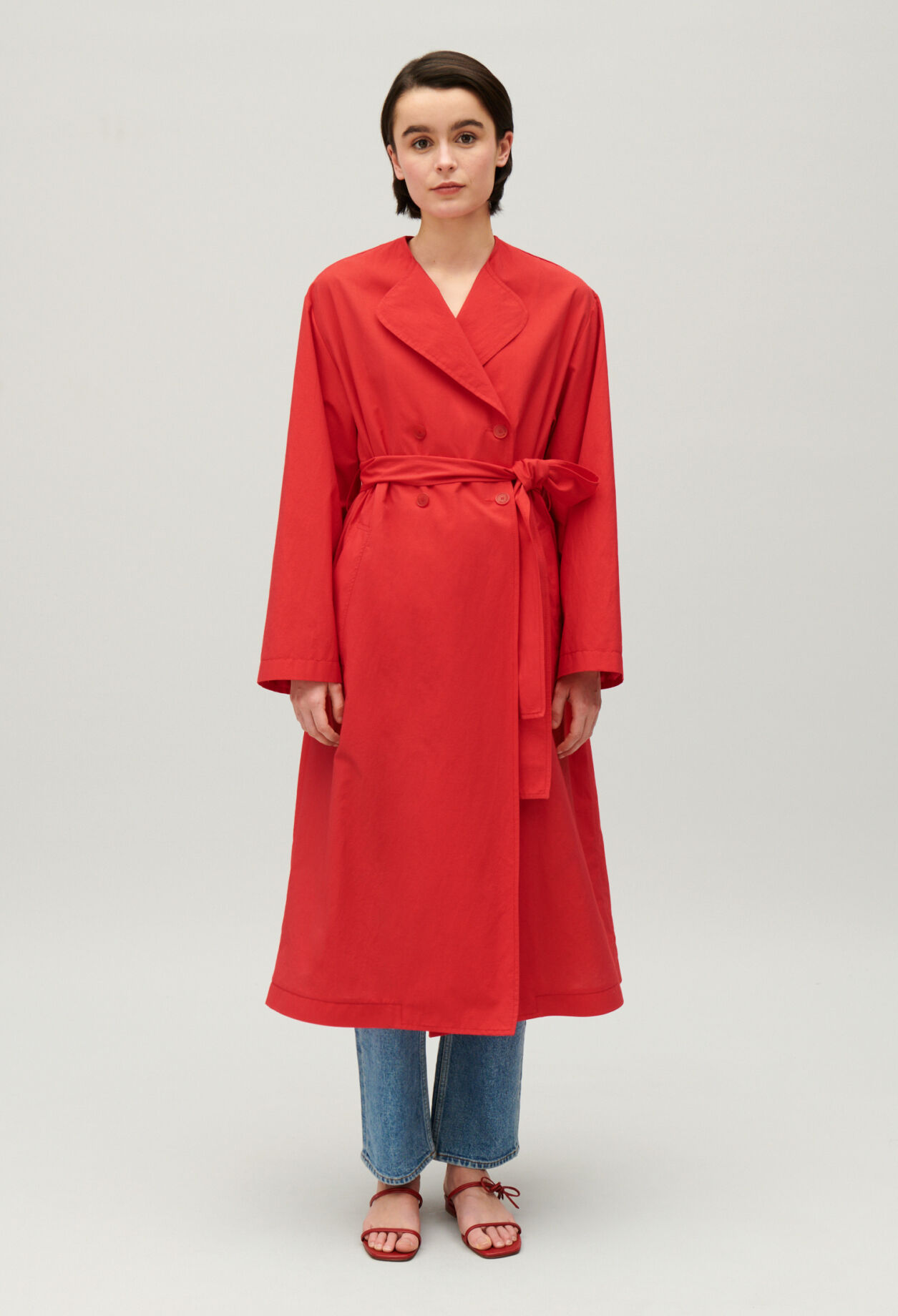 Long red trench coat