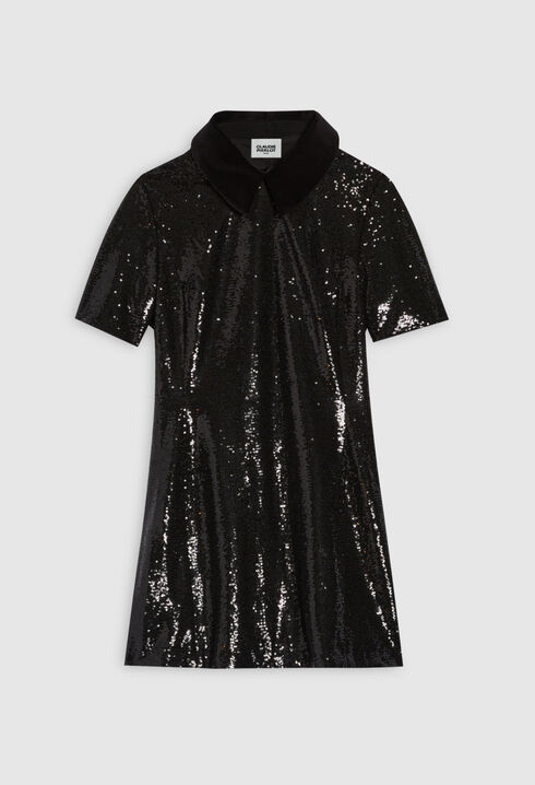 Sequin short dress black velvet collar