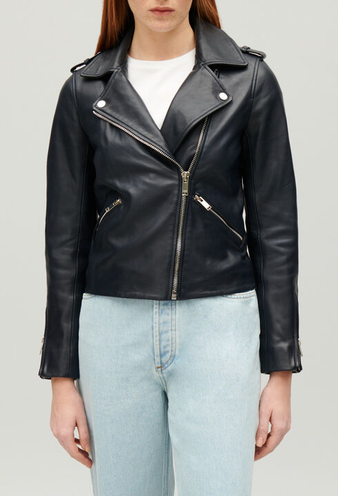 Veste en cuir lisse bleu marine