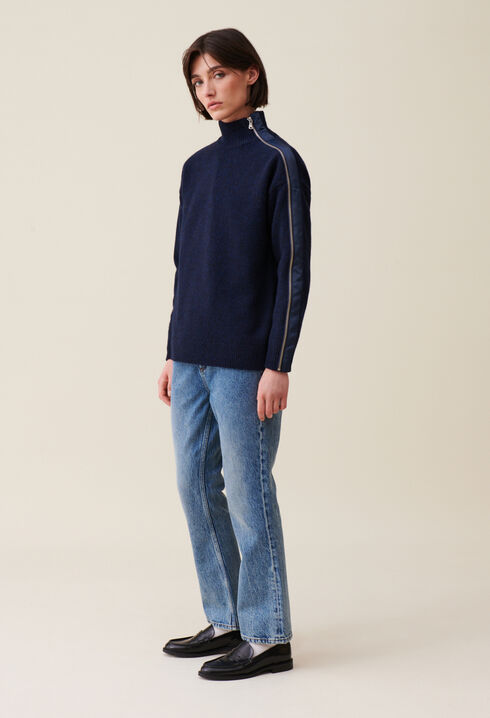 Pull col montant zippé bleu marine