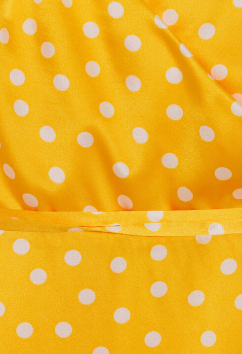 Long yellow silk wraparound dress.