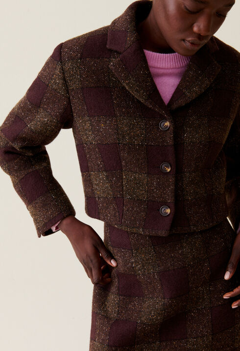 Veste courte carreaux boutonn&eacute;e