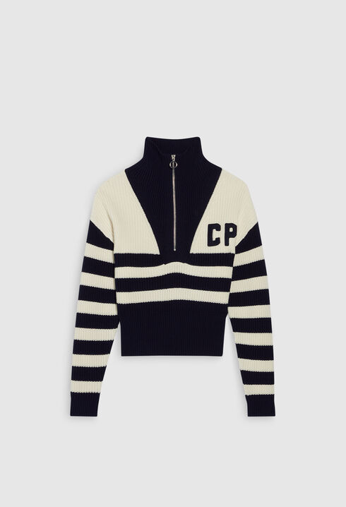 Striped two-toned high neck zip jumper