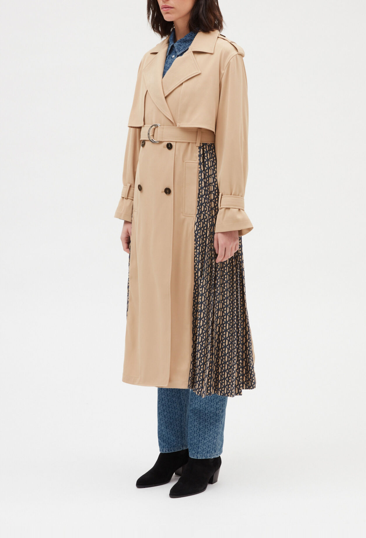 Trench mi-long plissé monogramme beige