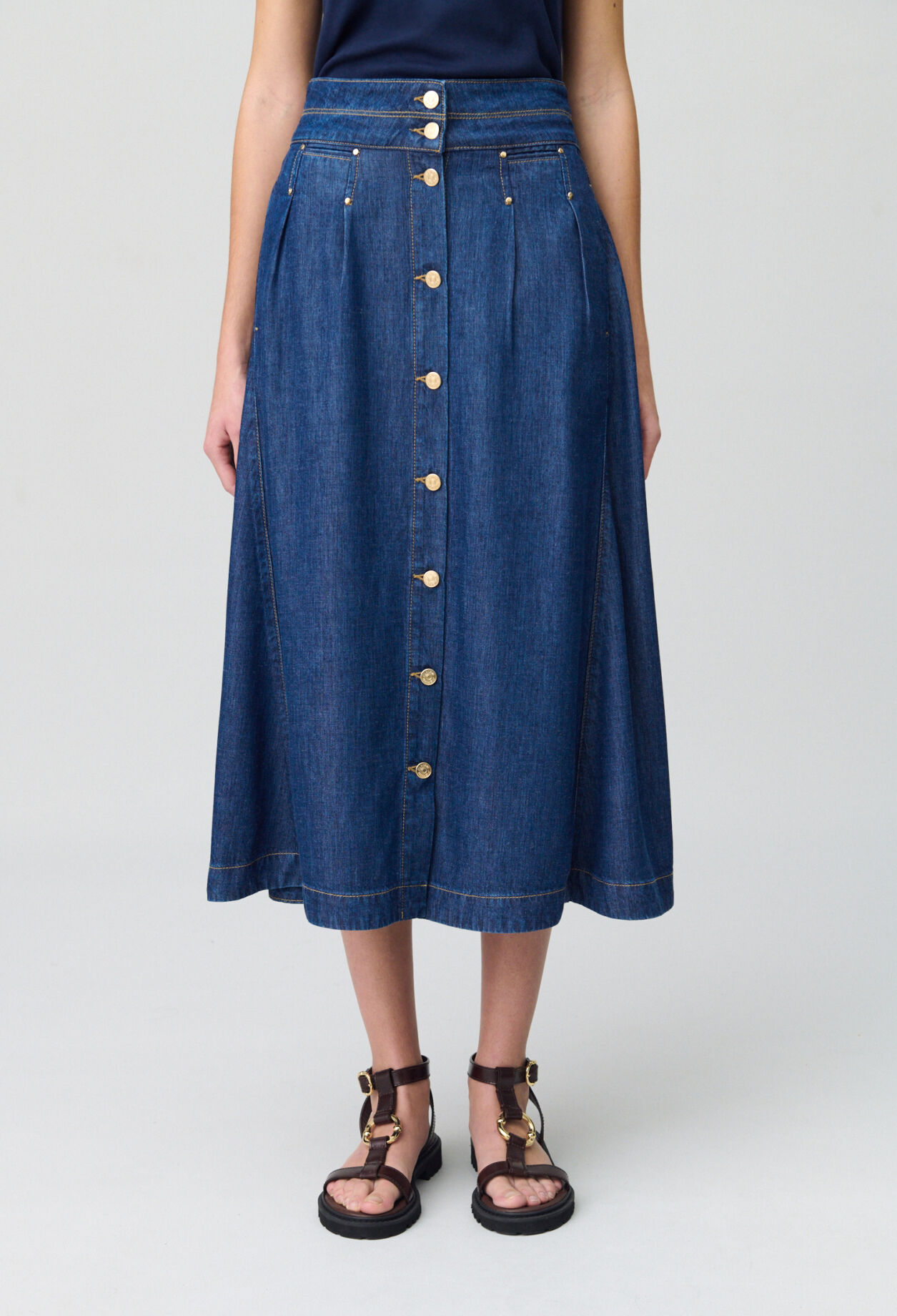 Long Button-Down Denim Skirt
