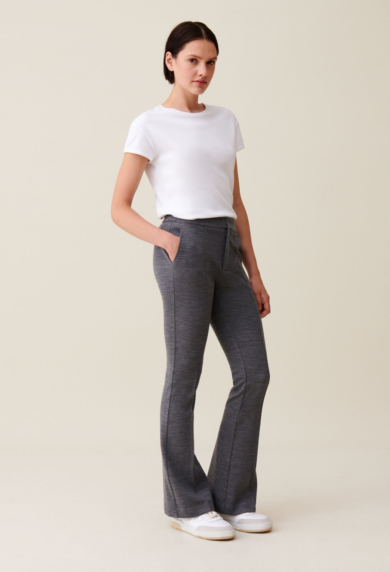 Grey fitted flare trousers