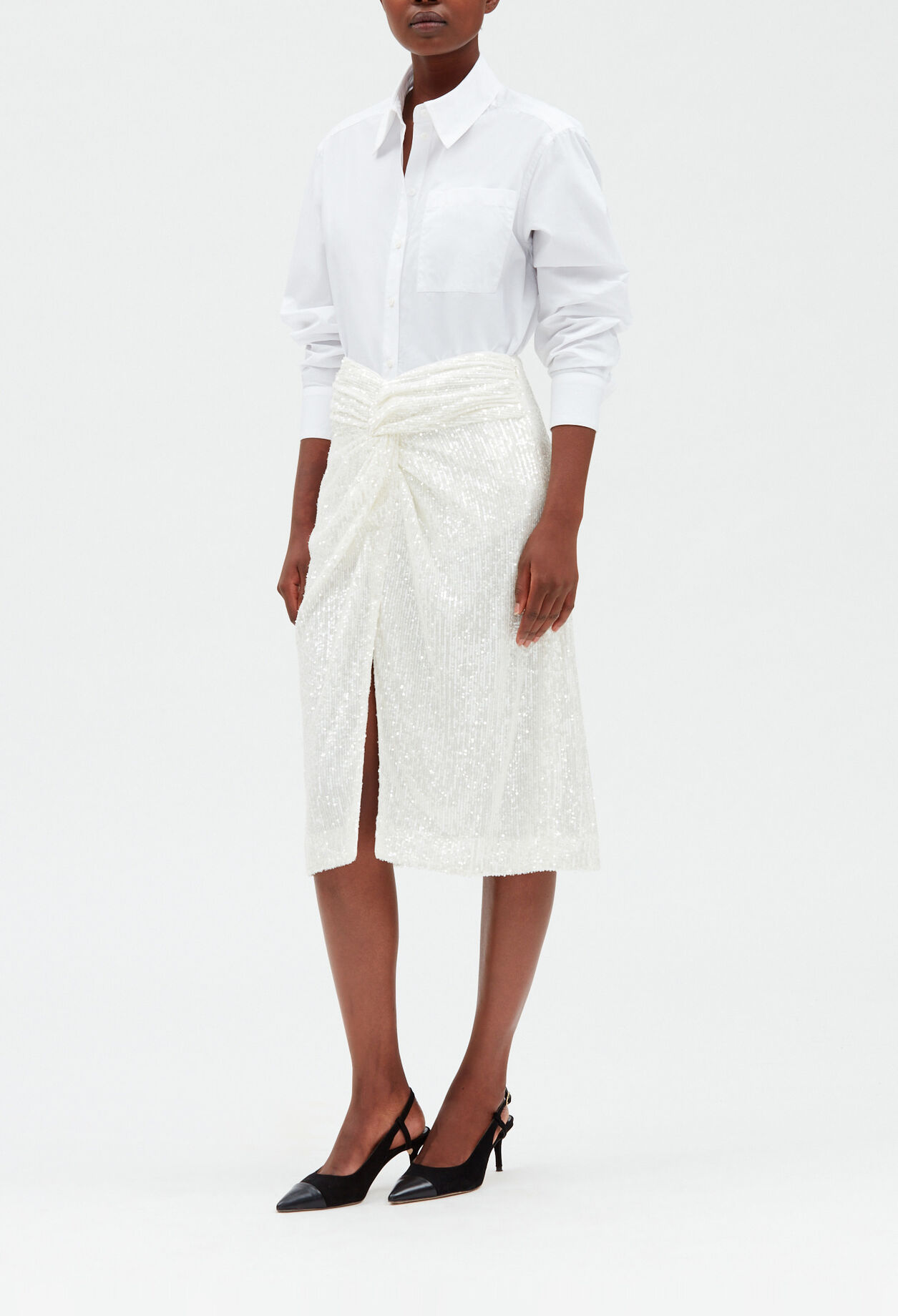 White sequinned mid-length skirt