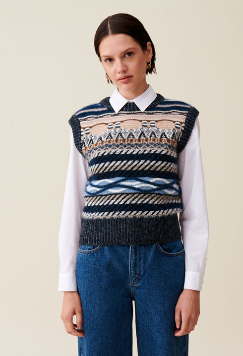 Pull sans manches rayures à motifs