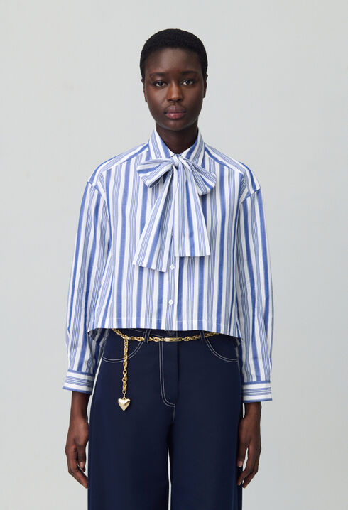 Striped shirt with bow collar