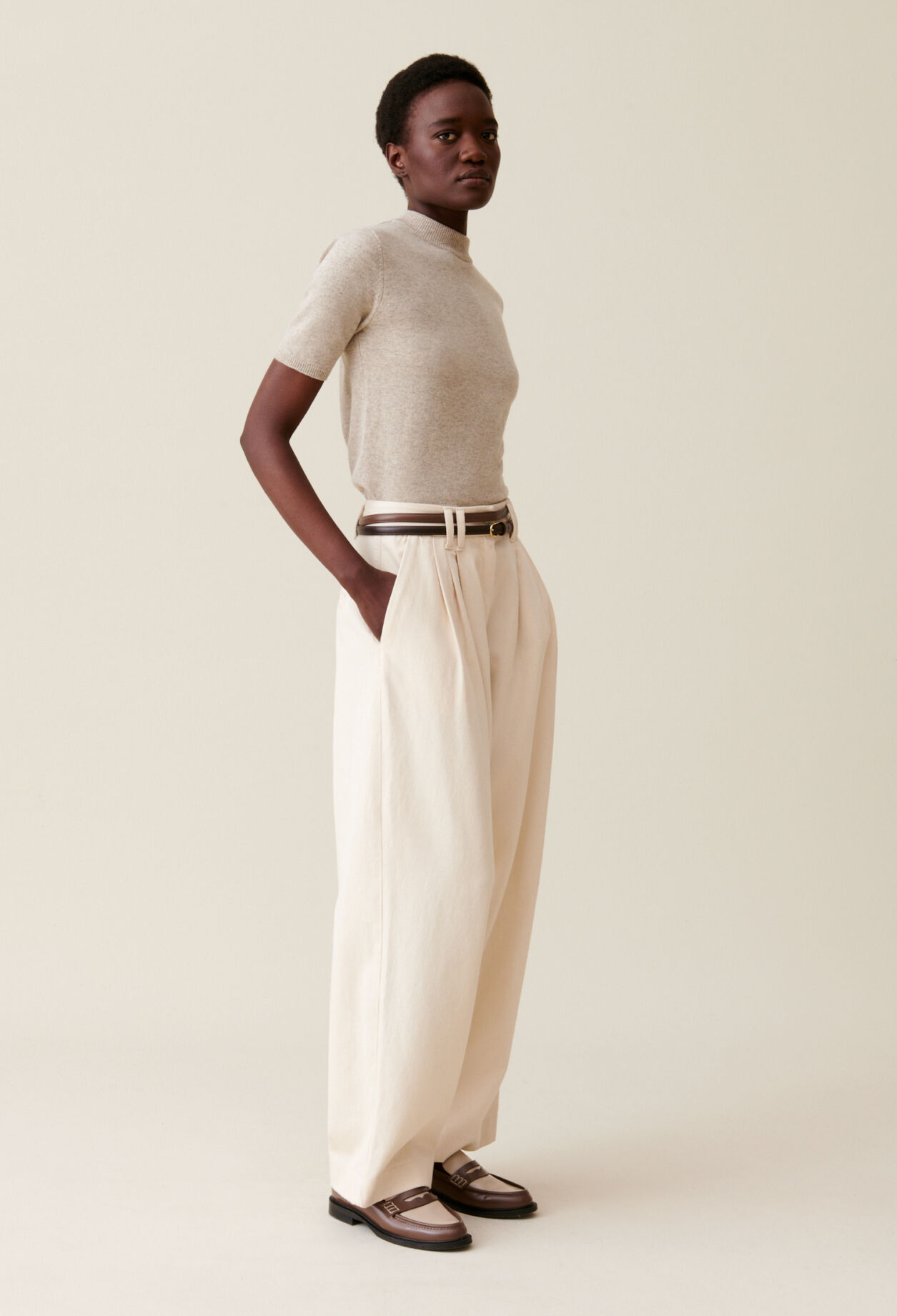 Wide pleated denim trousers
