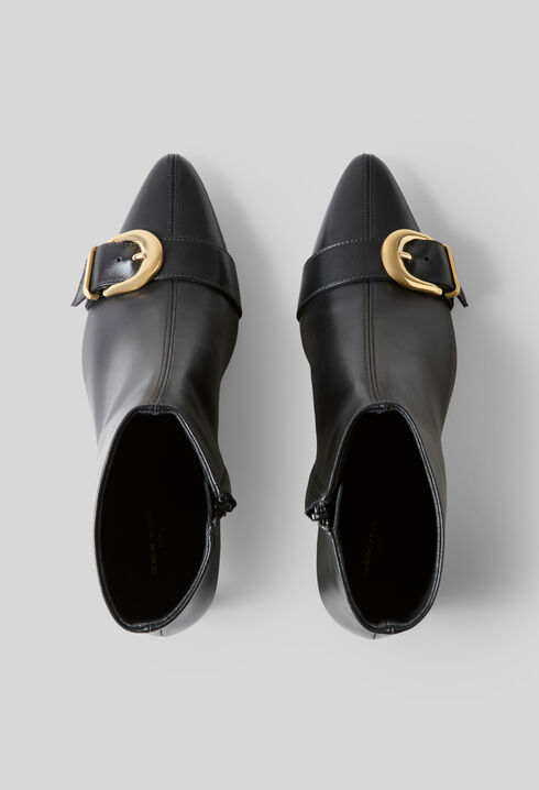 Gold buckle leather ankle boots